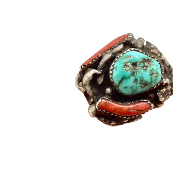 Sz 7, Vintage Ring, Turquoise Coral Sterling Silver Statement Ring - Picture 8 of 16
